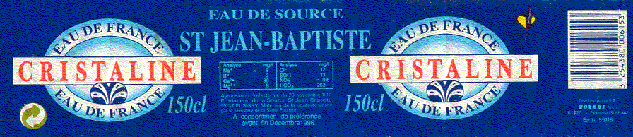 Label of Cristaline Souce St.Jean-Baptiste